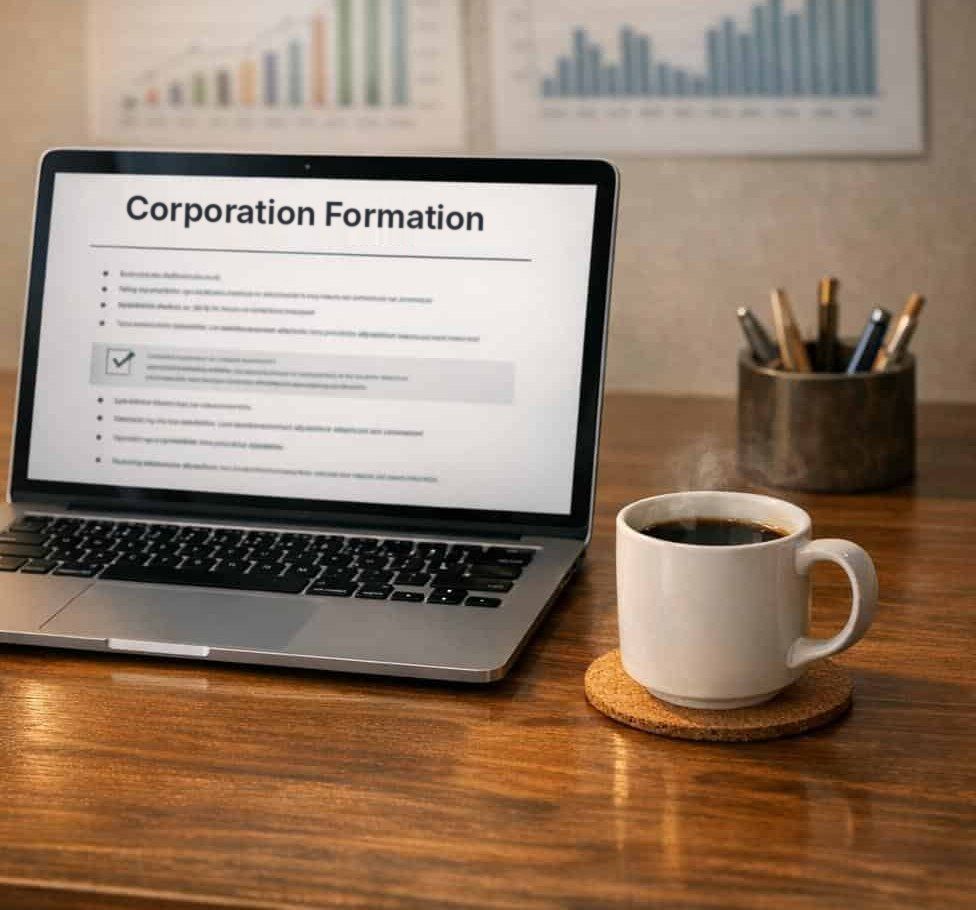 Laptop showing a corporation formation checklist on a desk with a cup of coffee.