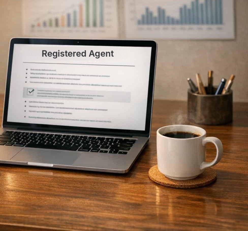 Laptop on a desk showing a Registered Agent document.